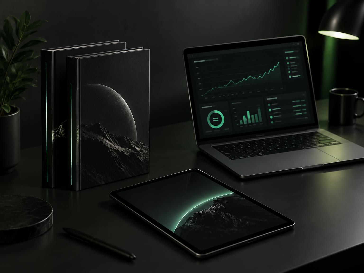 Digital marketing guides, a tablet and a laptop showing marketing analytics on a modern dark workspace